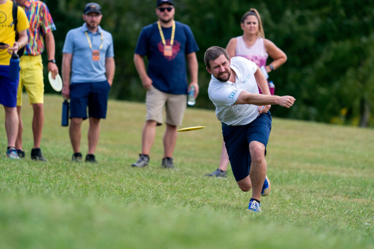 Nate Sexton unleashing a forehand drive at the US Disc Golf Championship.